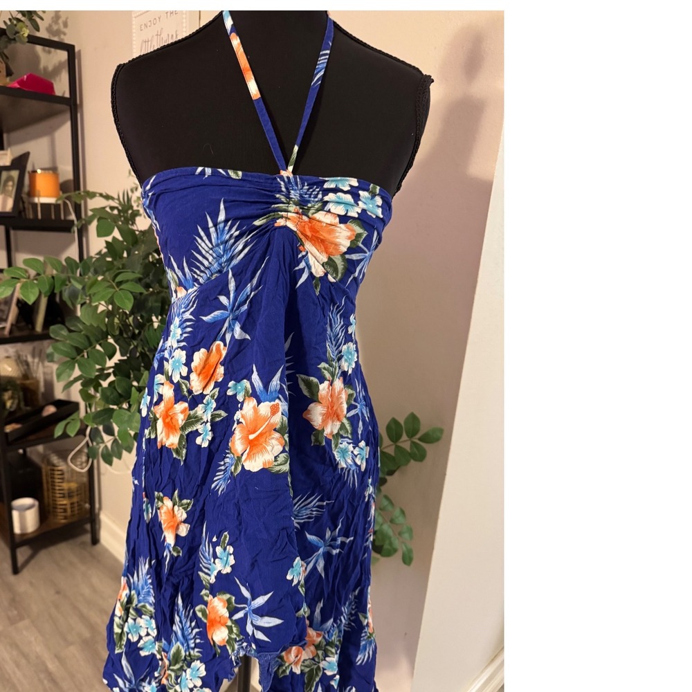 Hawaii Tropical Floral Halter Handkerchief Hem Dress Rayon kids Size 12 fits XS